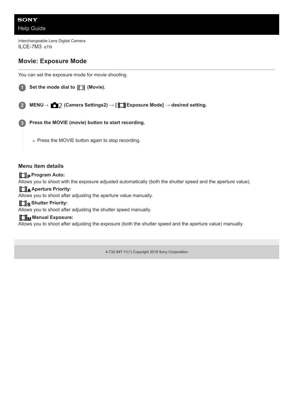 Movie: exposure mode | Sony a7C Mirrorless Camera (Black) User Manual | Page 158 / 642