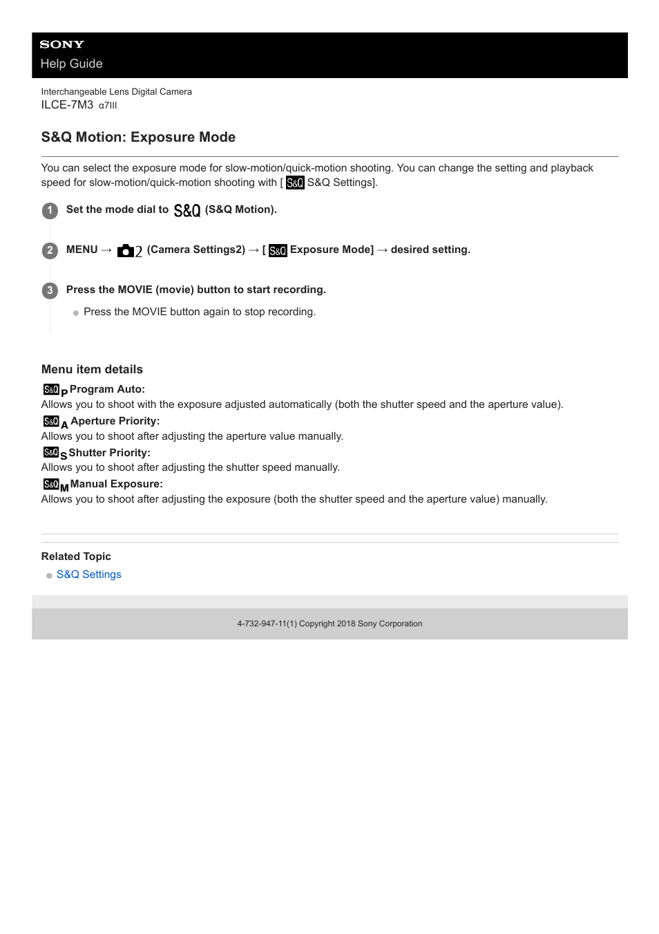 S&q motion: exposure mode | Sony a7C Mirrorless Camera (Black) User Manual | Page 159 / 642