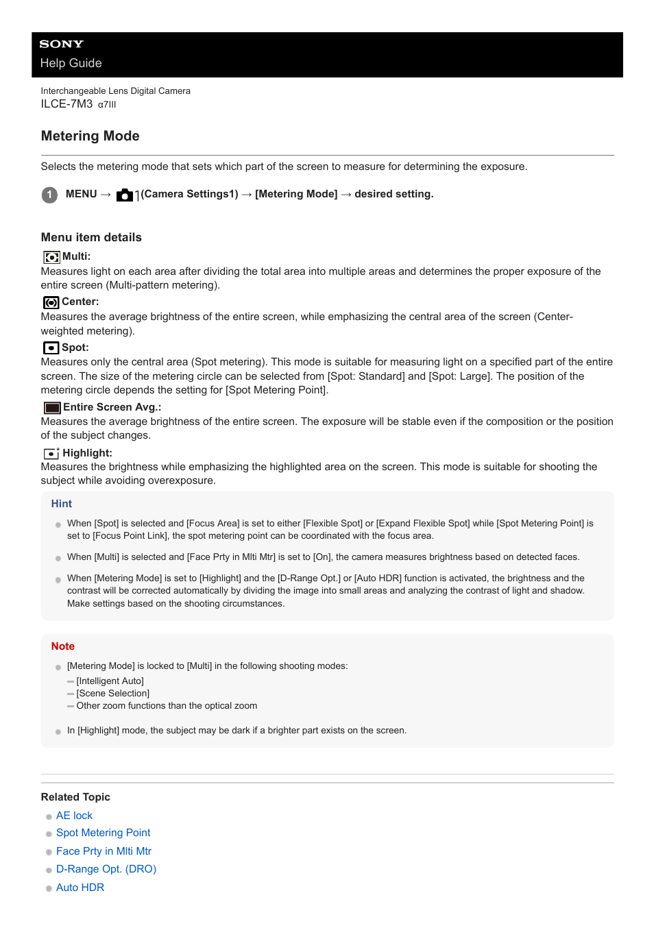 Metering mode | Sony a7C Mirrorless Camera (Black) User Manual | Page 166 / 642