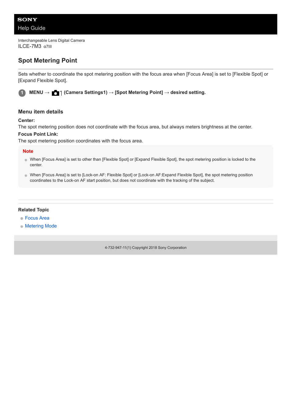 Spot metering point | Sony a7C Mirrorless Camera (Black) User Manual | Page 169 / 642