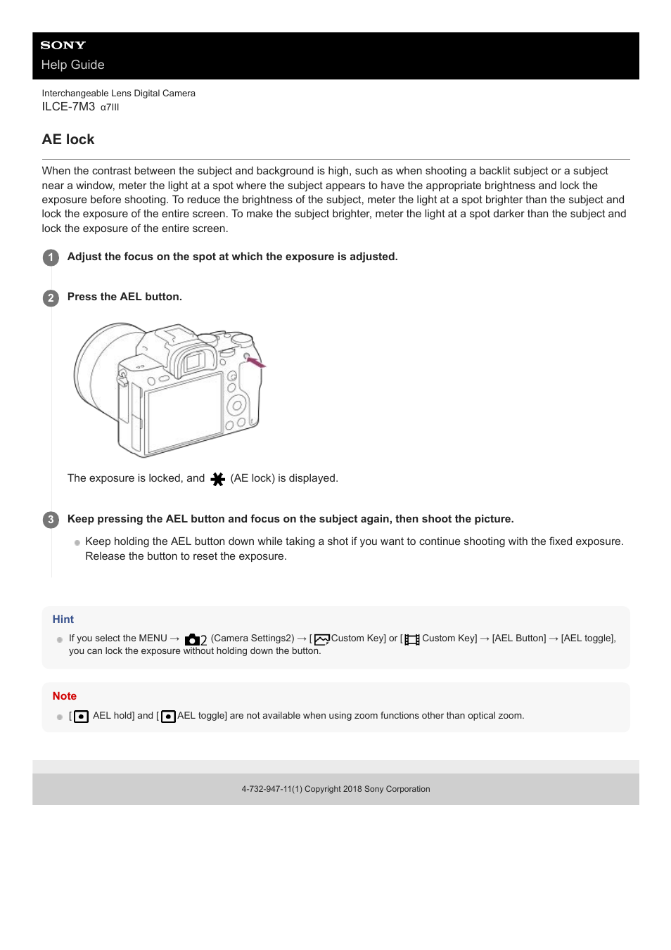 Ae lock, Help guide | Sony a7C Mirrorless Camera (Black) User Manual | Page 170 / 642