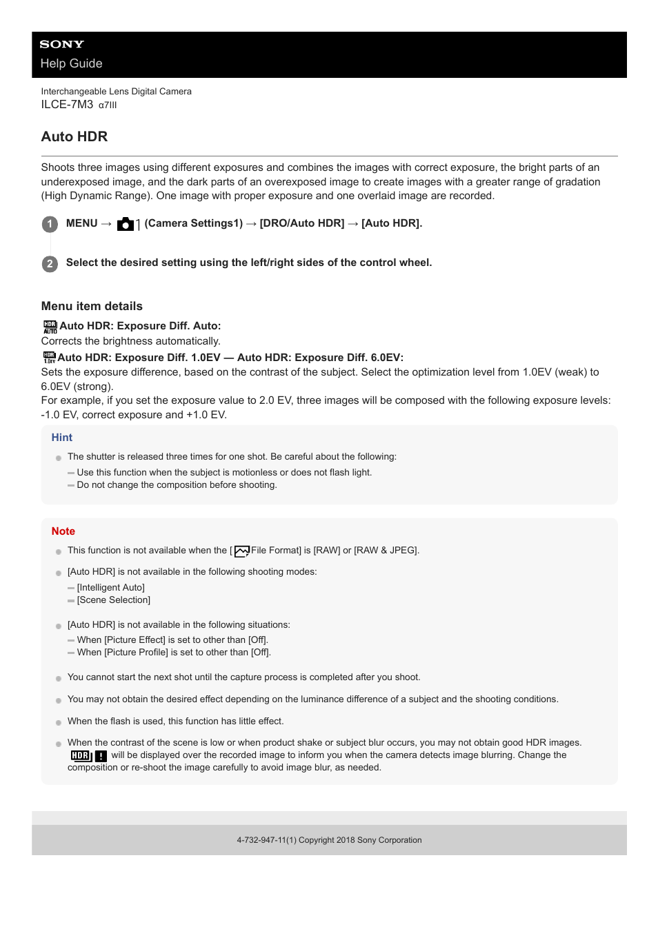 Auto hdr, Help guide | Sony a7C Mirrorless Camera (Black) User Manual | Page 176 / 642