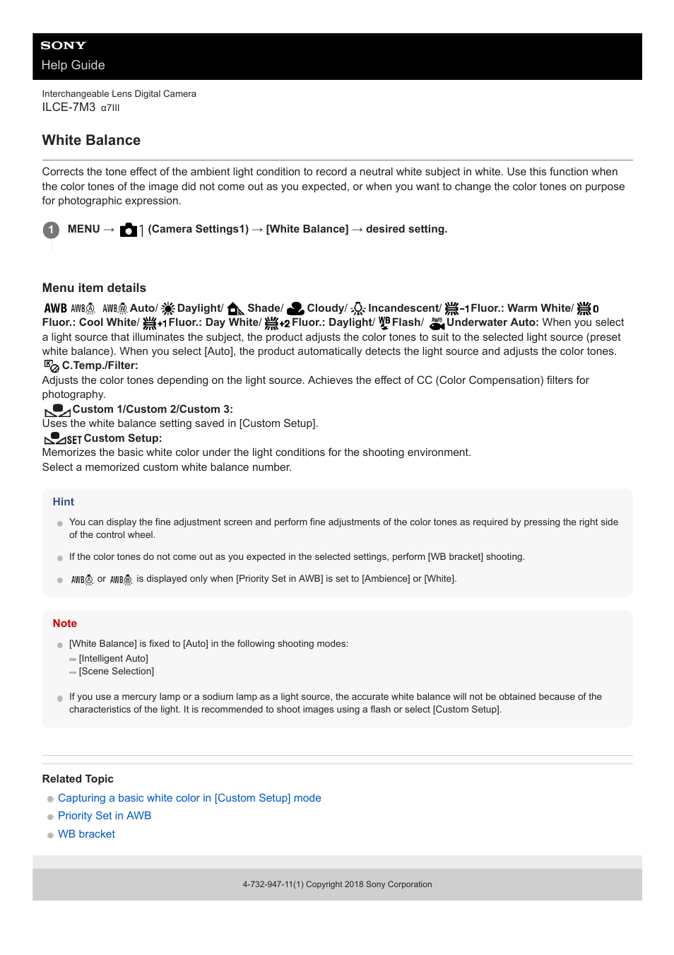 White balance | Sony a7C Mirrorless Camera (Black) User Manual | Page 185 / 642