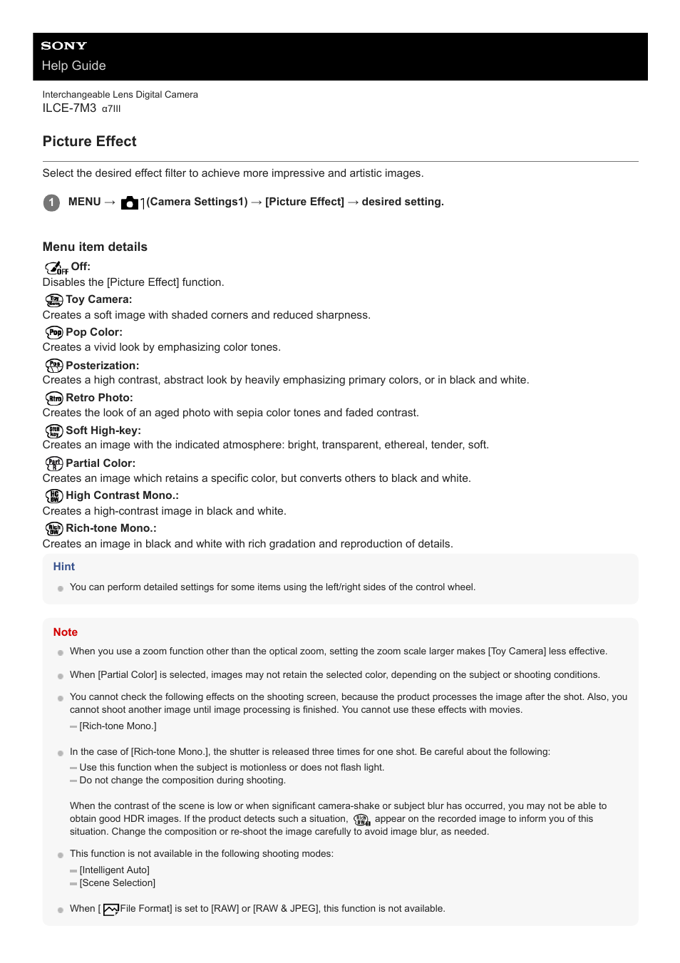 Picture effect, Help guide | Sony a7C Mirrorless Camera (Black) User Manual | Page 190 / 642