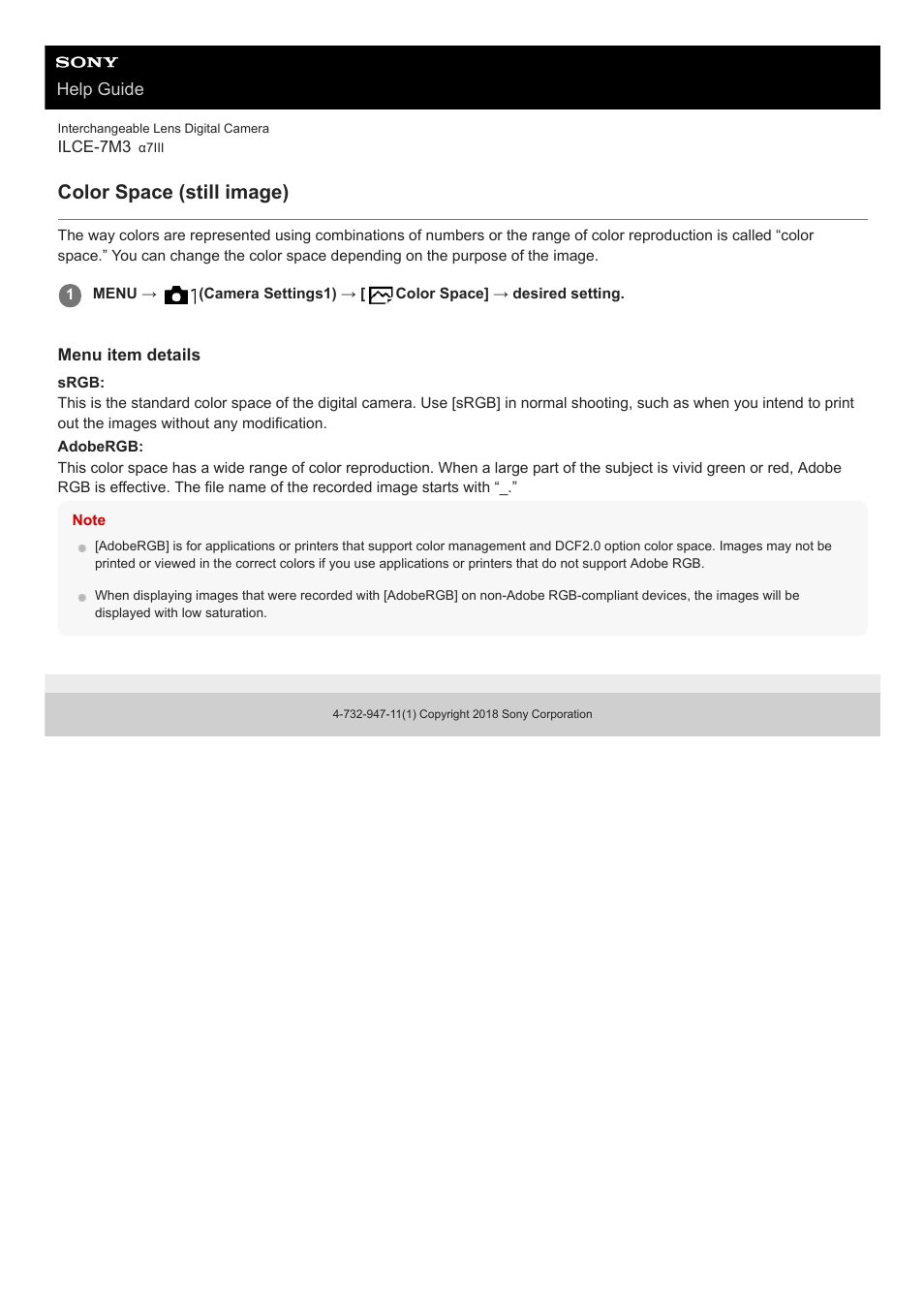 Color space (still image) | Sony a7C Mirrorless Camera (Black) User Manual | Page 192 / 642