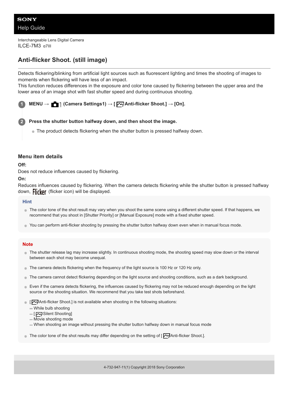 Anti-flicker shoot. (still image), Help guide | Sony a7C Mirrorless Camera (Black) User Manual | Page 193 / 642