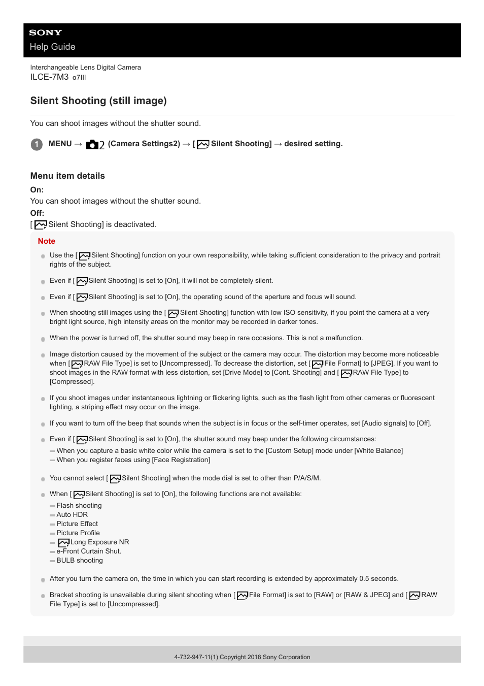 Silent shooting (still image), Help guide | Sony a7C Mirrorless Camera (Black) User Manual | Page 196 / 642