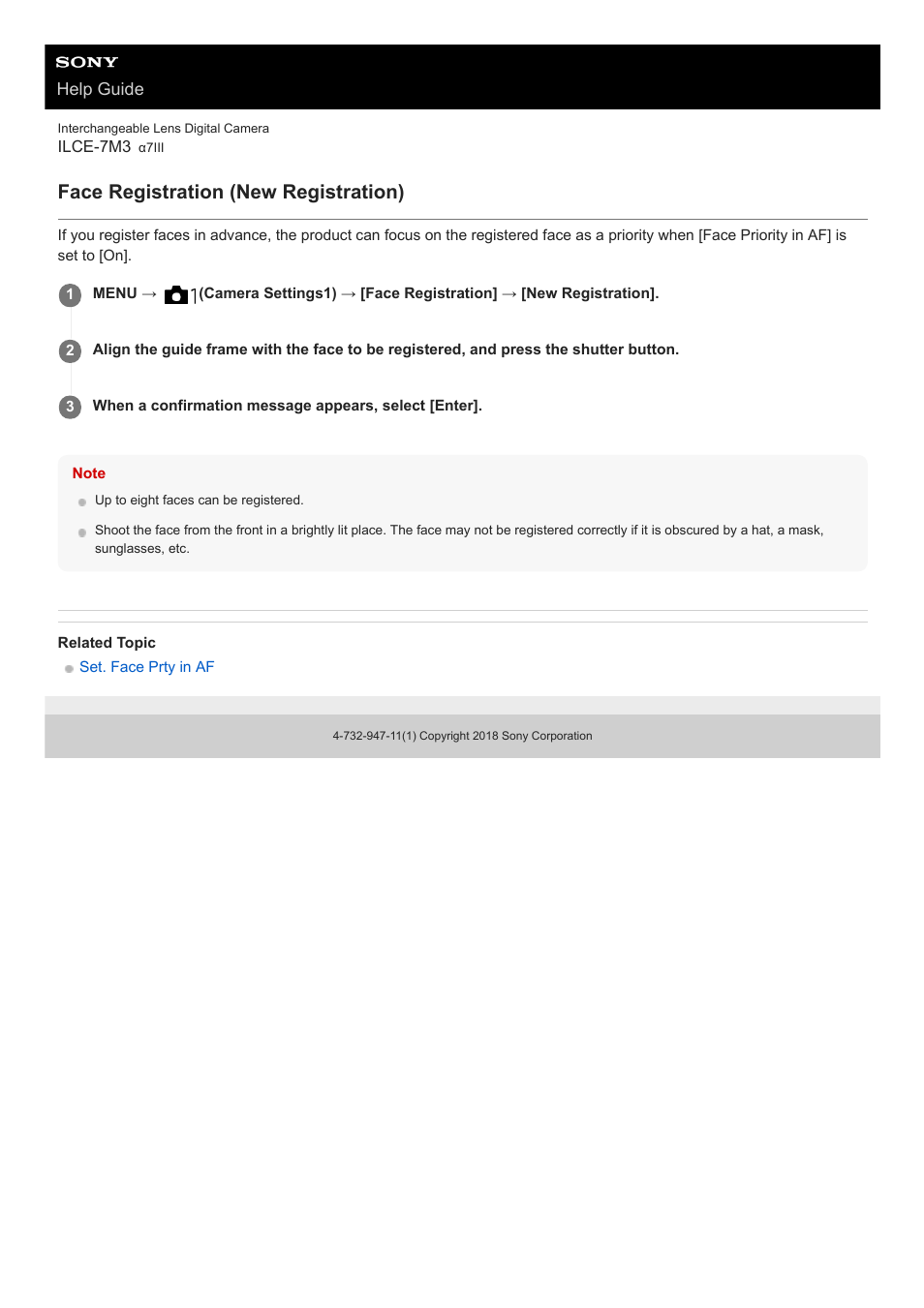 Face registration (new registration) | Sony a7C Mirrorless Camera (Black) User Manual | Page 205 / 642