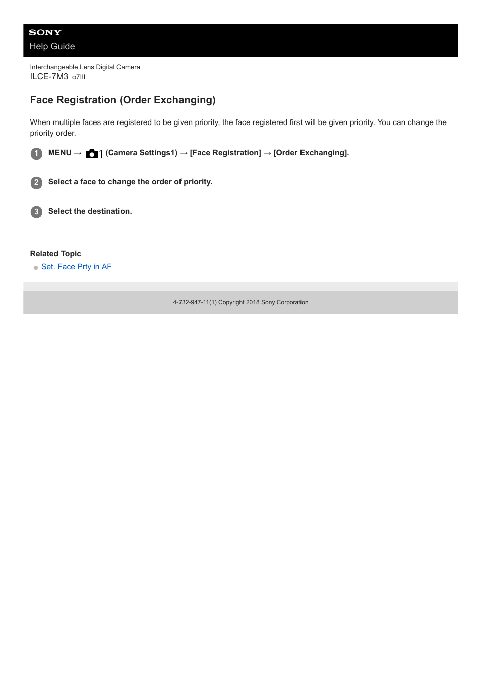 Face registration (order exchanging) | Sony a7C Mirrorless Camera (Black) User Manual | Page 206 / 642