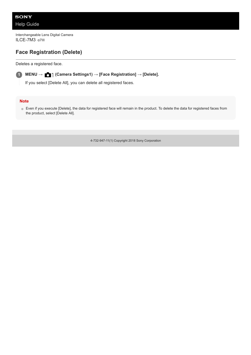 Face registration (delete) | Sony a7C Mirrorless Camera (Black) User Manual | Page 207 / 642