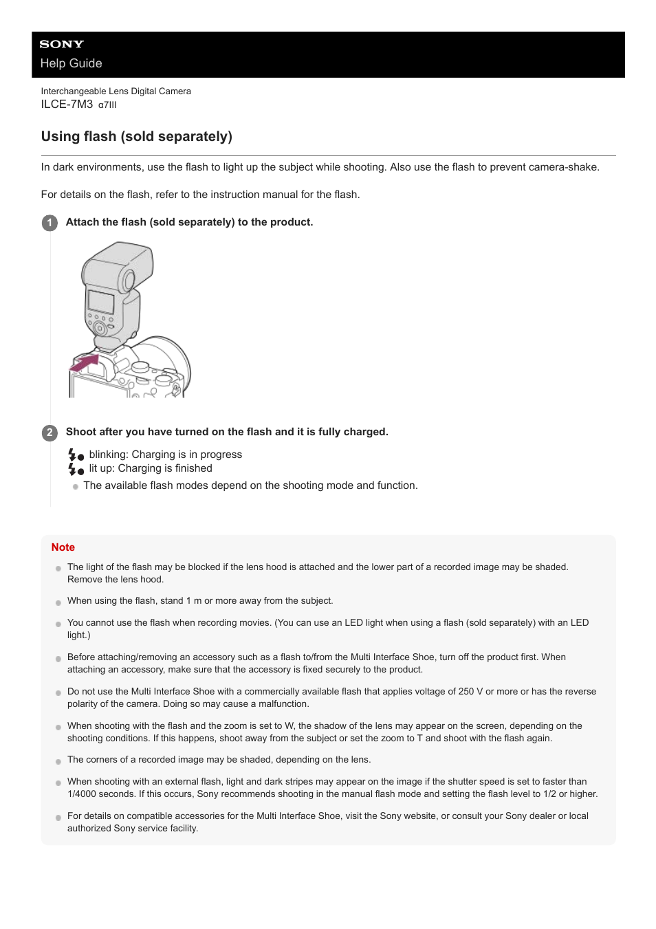 Using flash (sold separately), Help guide | Sony a7C Mirrorless Camera (Black) User Manual | Page 208 / 642