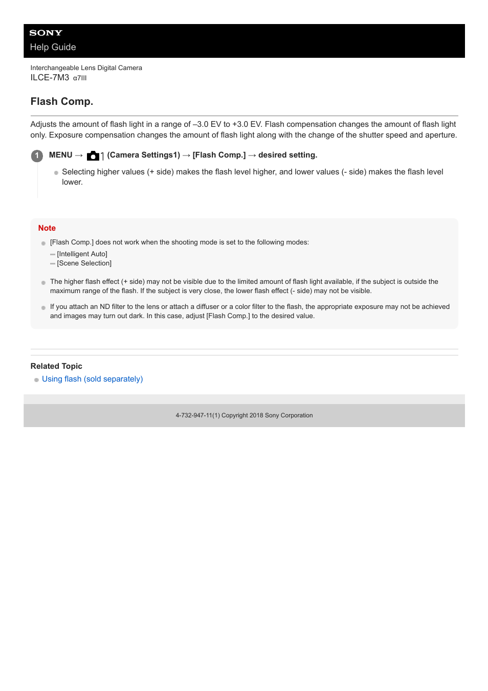 Flash comp, Help guide | Sony a7C Mirrorless Camera (Black) User Manual | Page 212 / 642