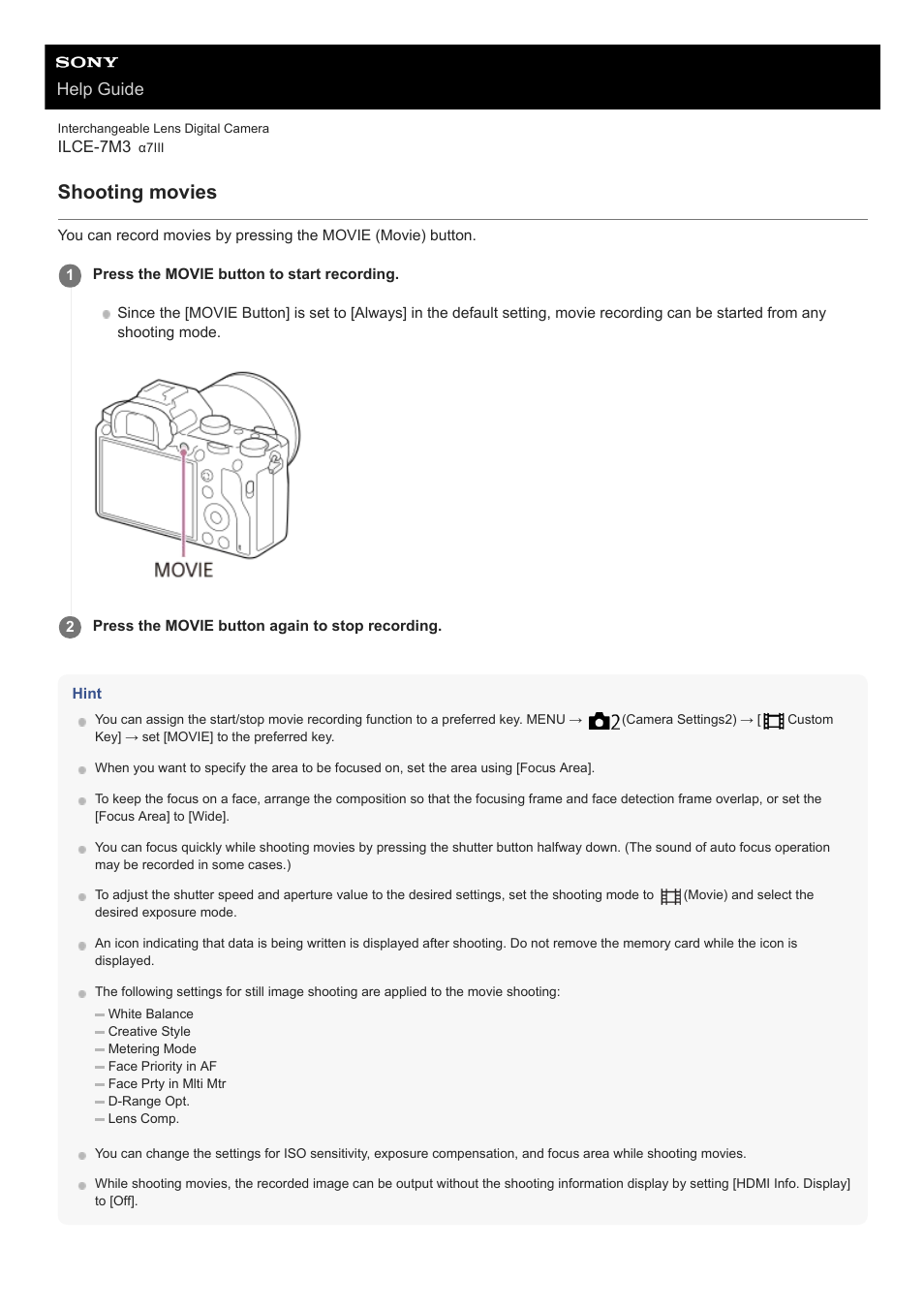 Shooting movies, Help guide | Sony a7C Mirrorless Camera (Black) User Manual | Page 216 / 642