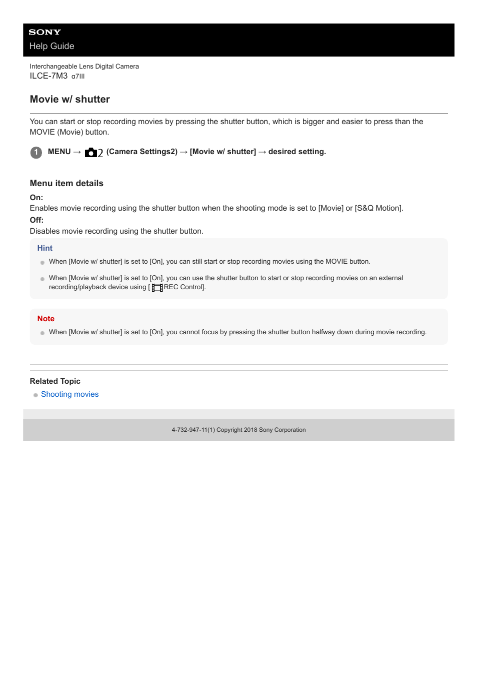 Movie w/ shutter | Sony a7C Mirrorless Camera (Black) User Manual | Page 218 / 642