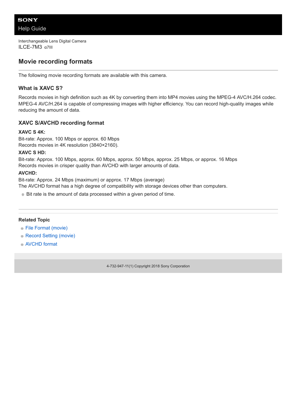 Movie recording formats | Sony a7C Mirrorless Camera (Black) User Manual | Page 219 / 642