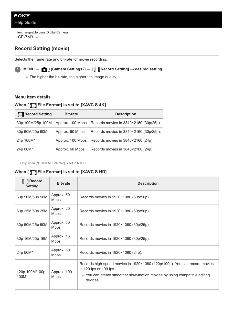 Record setting (movie) | Sony a7C Mirrorless Camera (Black) User Manual | Page 221 / 642