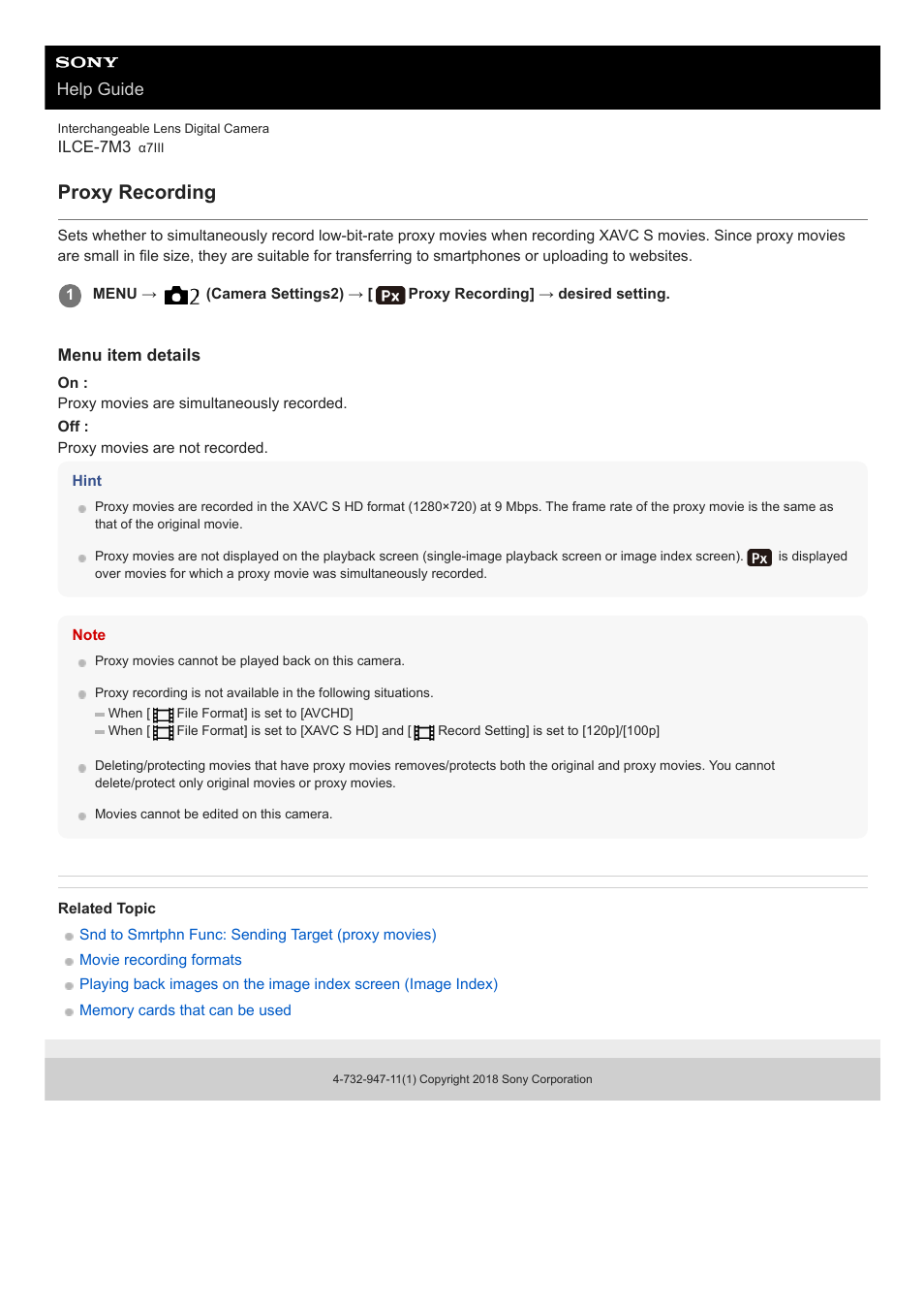 Proxy recording, Help guide | Sony a7C Mirrorless Camera (Black) User Manual | Page 225 / 642