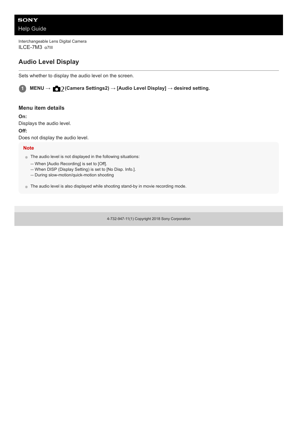 Audio level display | Sony a7C Mirrorless Camera (Black) User Manual | Page 227 / 642