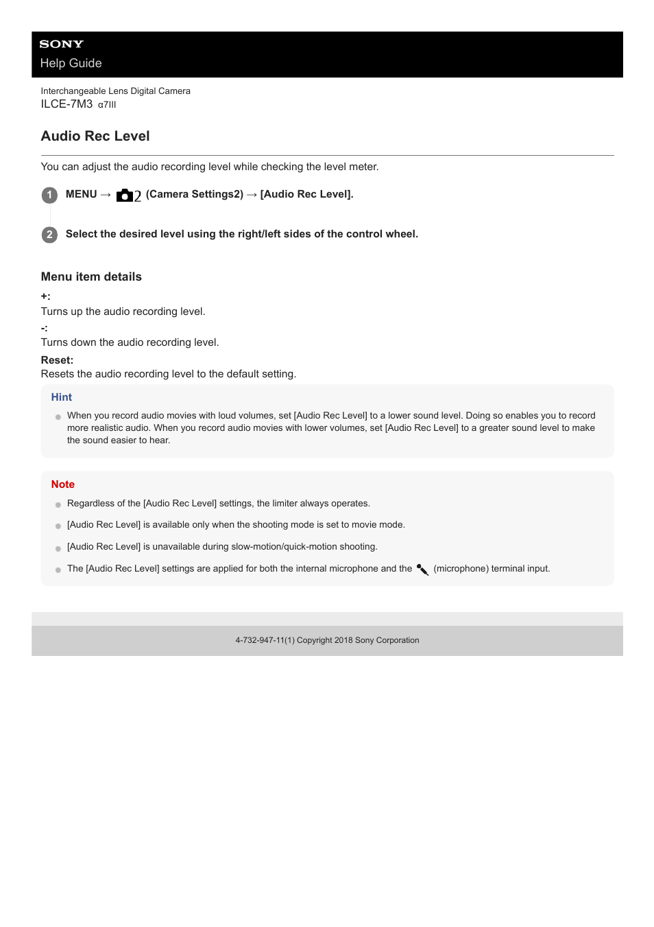 Audio rec level, Help guide | Sony a7C Mirrorless Camera (Black) User Manual | Page 228 / 642