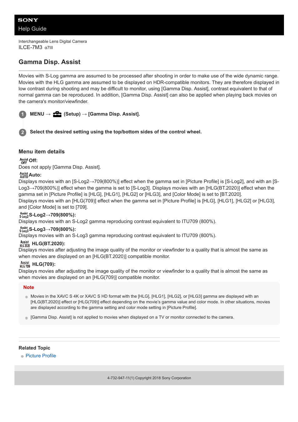 Gamma disp. assist | Sony a7C Mirrorless Camera (Black) User Manual | Page 235 / 642