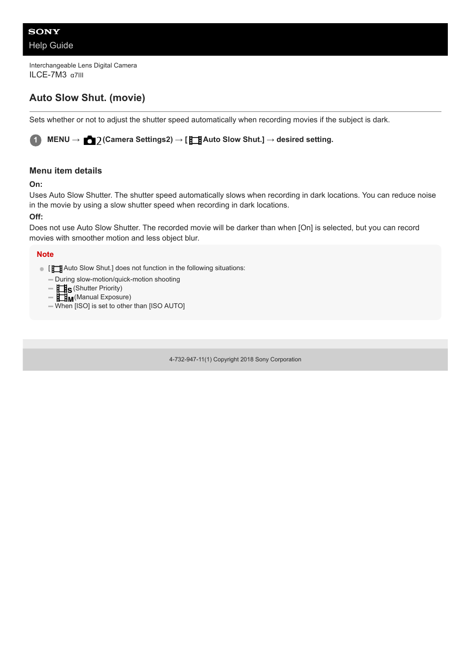 Auto slow shut. (movie), Help guide | Sony a7C Mirrorless Camera (Black) User Manual | Page 236 / 642