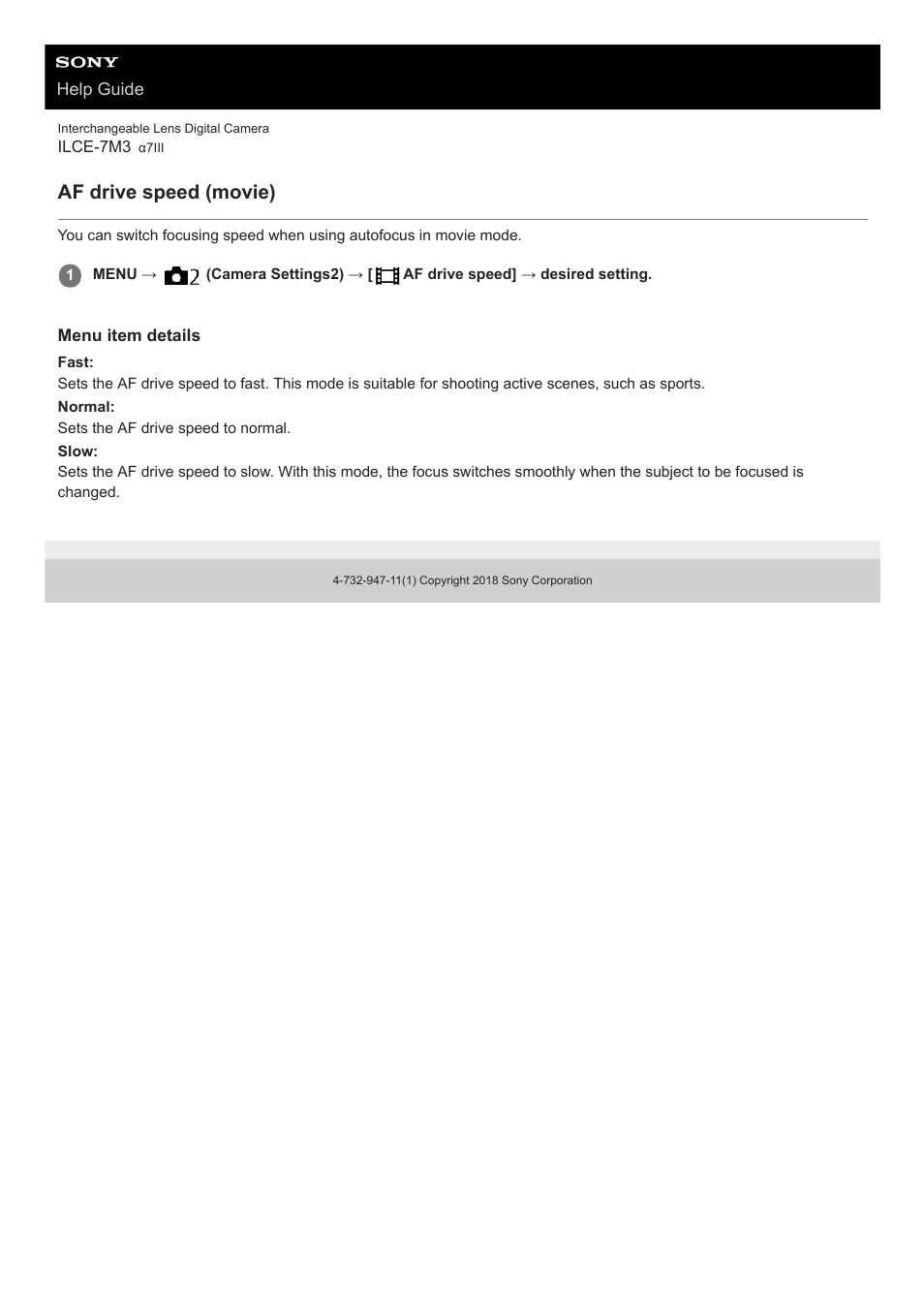 Af drive speed (movie) | Sony a7C Mirrorless Camera (Black) User Manual | Page 237 / 642