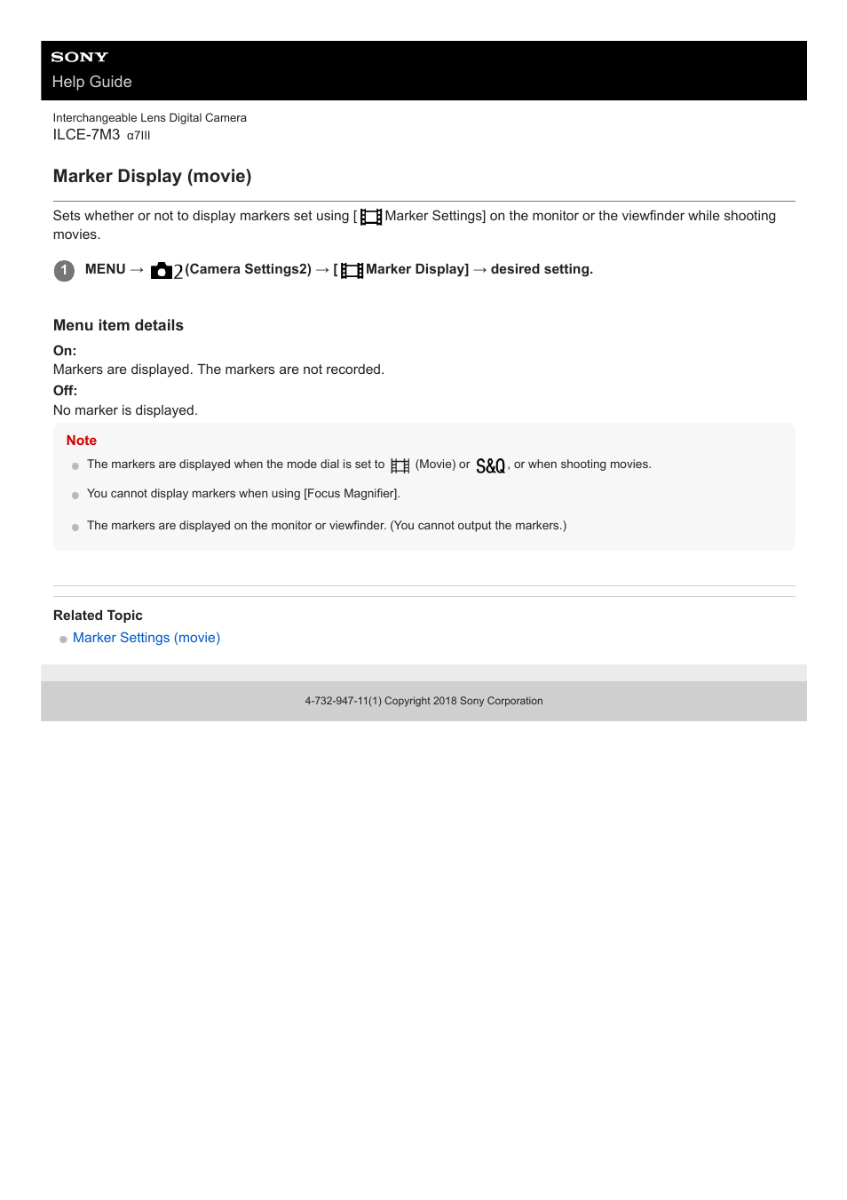 Marker display (movie) | Sony a7C Mirrorless Camera (Black) User Manual | Page 243 / 642