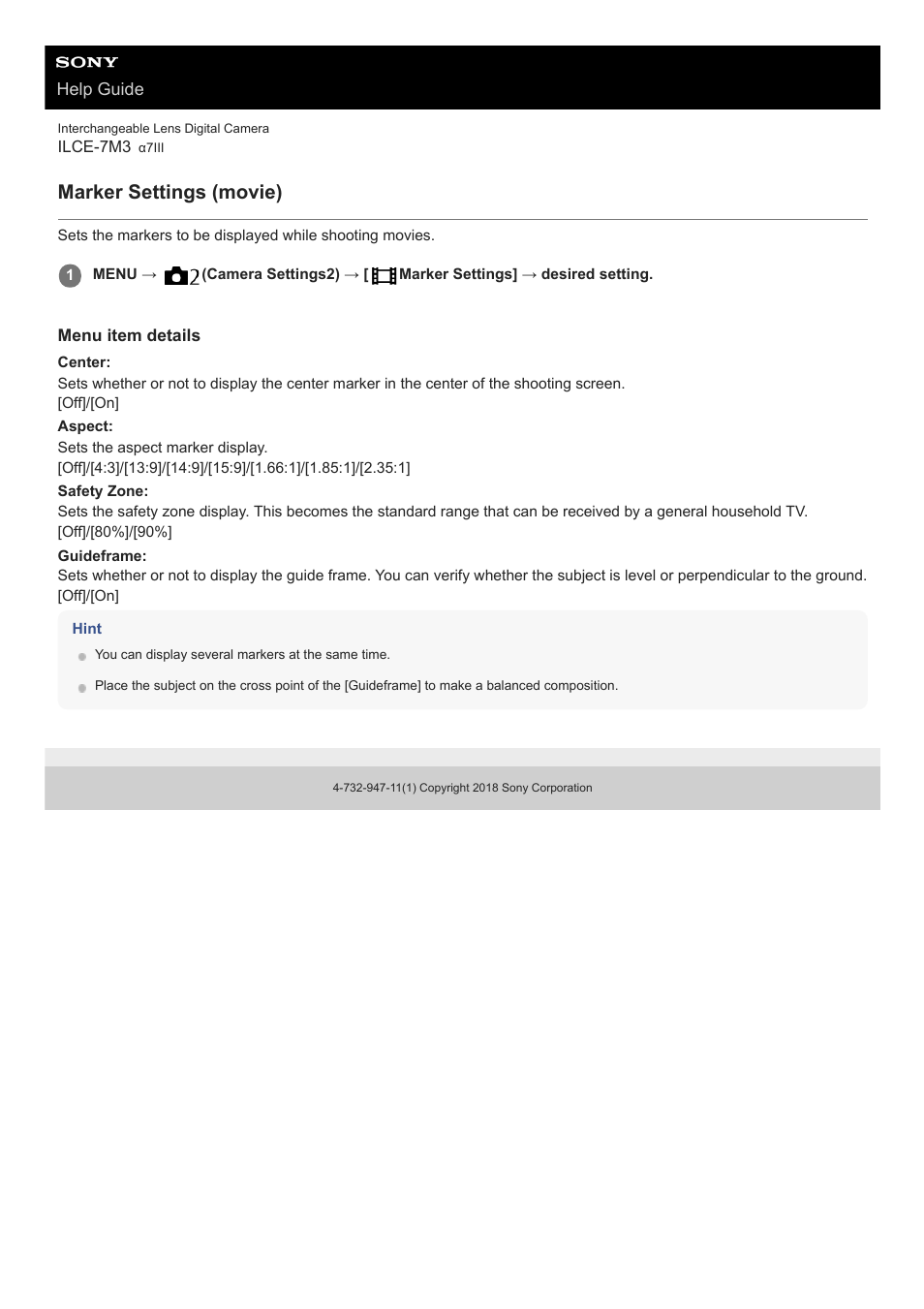 Marker settings (movie) | Sony a7C Mirrorless Camera (Black) User Manual | Page 244 / 642