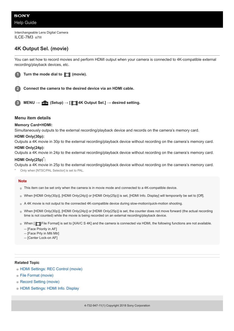 4k output sel. (movie), Help guide | Sony a7C Mirrorless Camera (Black) User Manual | Page 245 / 642