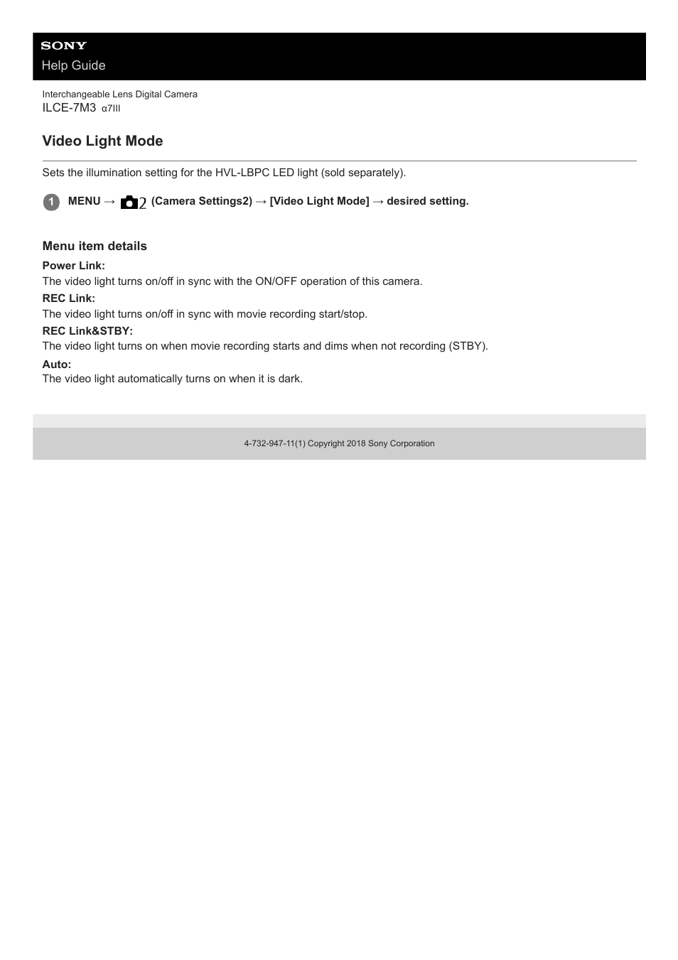 Video light mode | Sony a7C Mirrorless Camera (Black) User Manual | Page 246 / 642