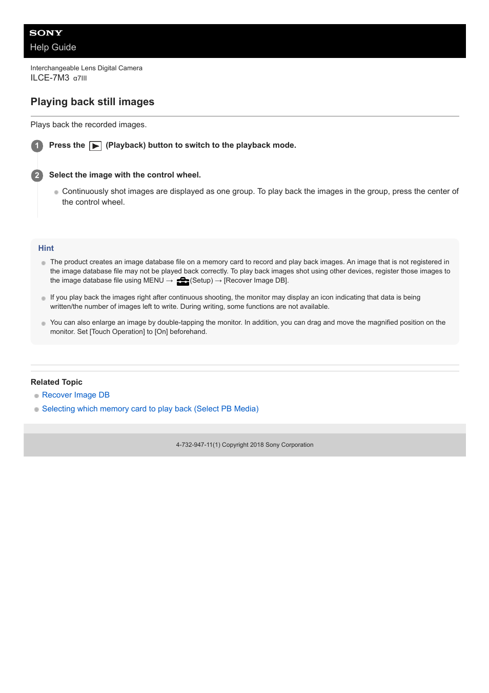 Playing back still images | Sony a7C Mirrorless Camera (Black) User Manual | Page 247 / 642