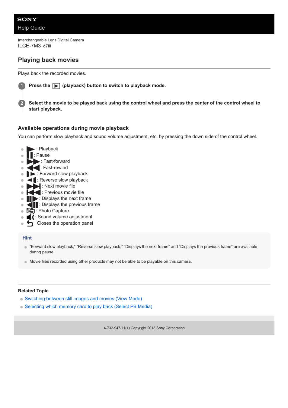 Playing back movies | Sony a7C Mirrorless Camera (Black) User Manual | Page 253 / 642