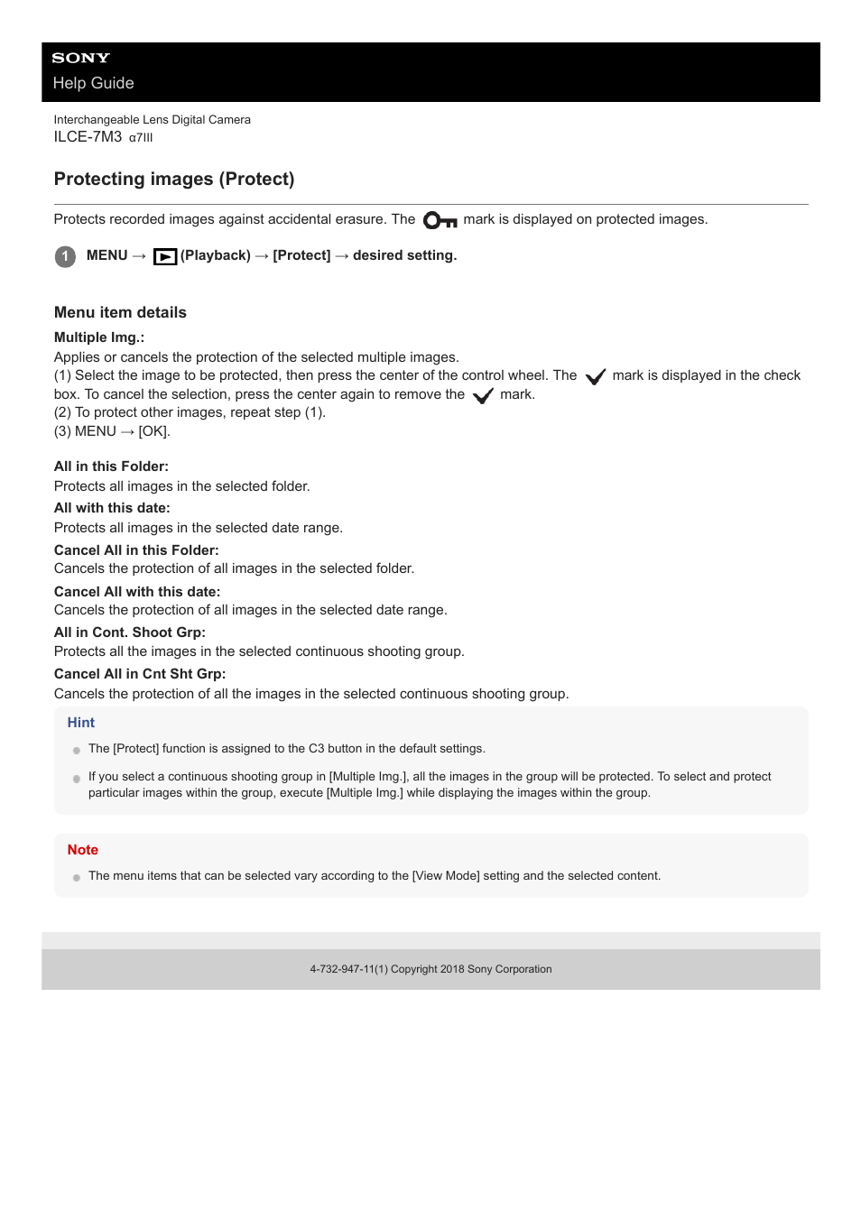 Protecting images (protect) | Sony a7C Mirrorless Camera (Black) User Manual | Page 263 / 642