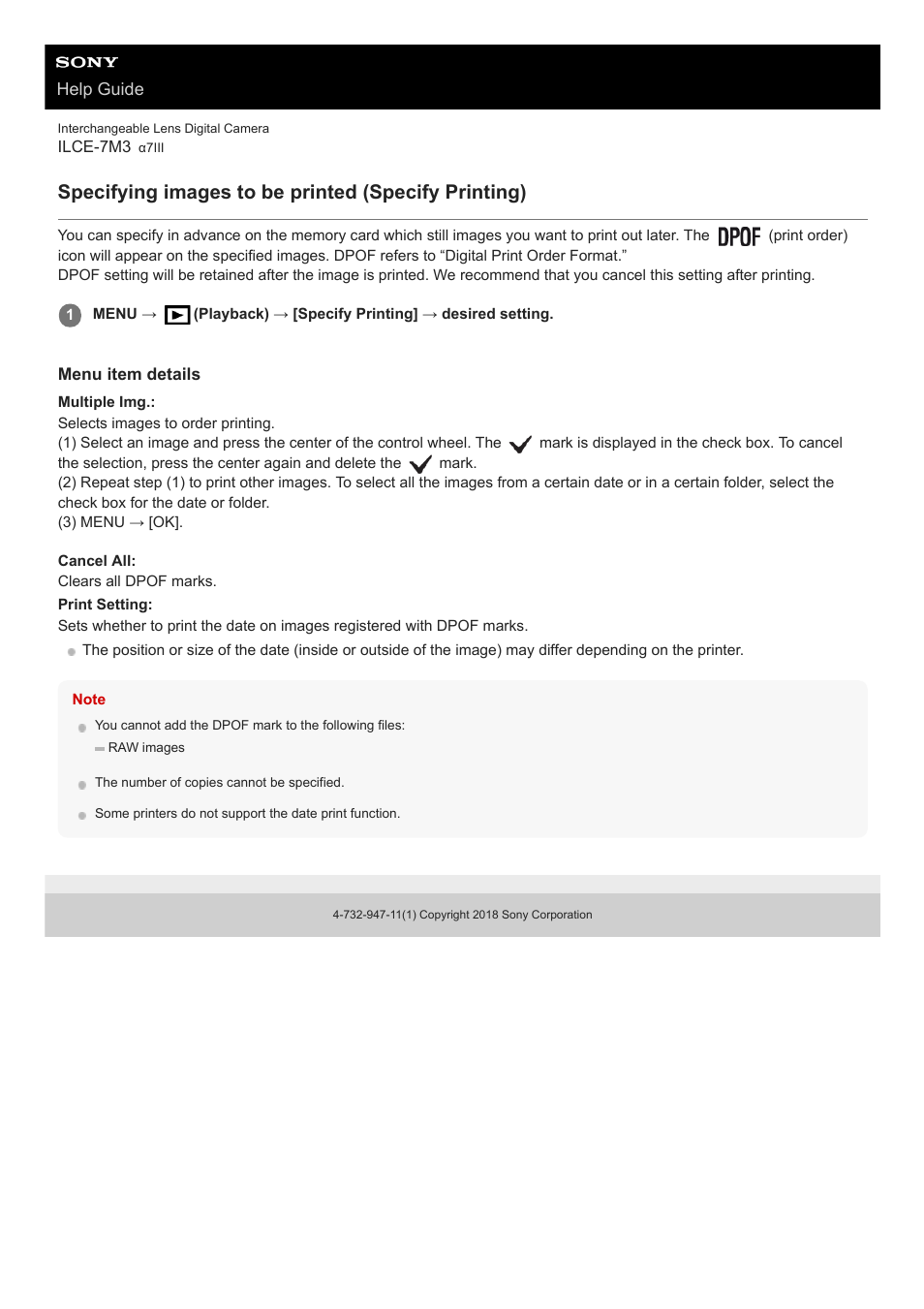 Specifying images to be printed (specify printing) | Sony a7C Mirrorless Camera (Black) User Manual | Page 266 / 642