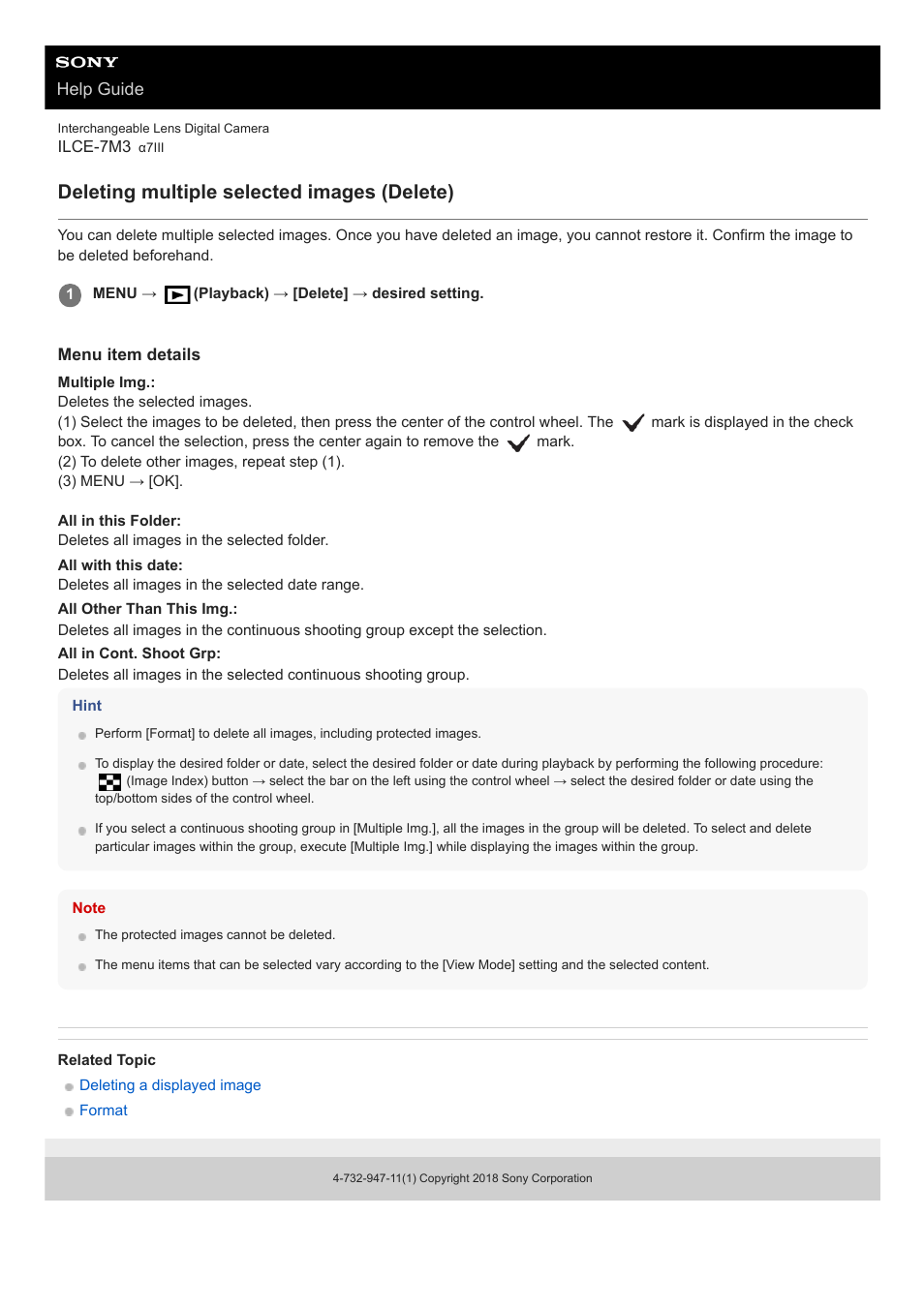 Deleting multiple selected images (delete) | Sony a7C Mirrorless Camera (Black) User Manual | Page 268 / 642