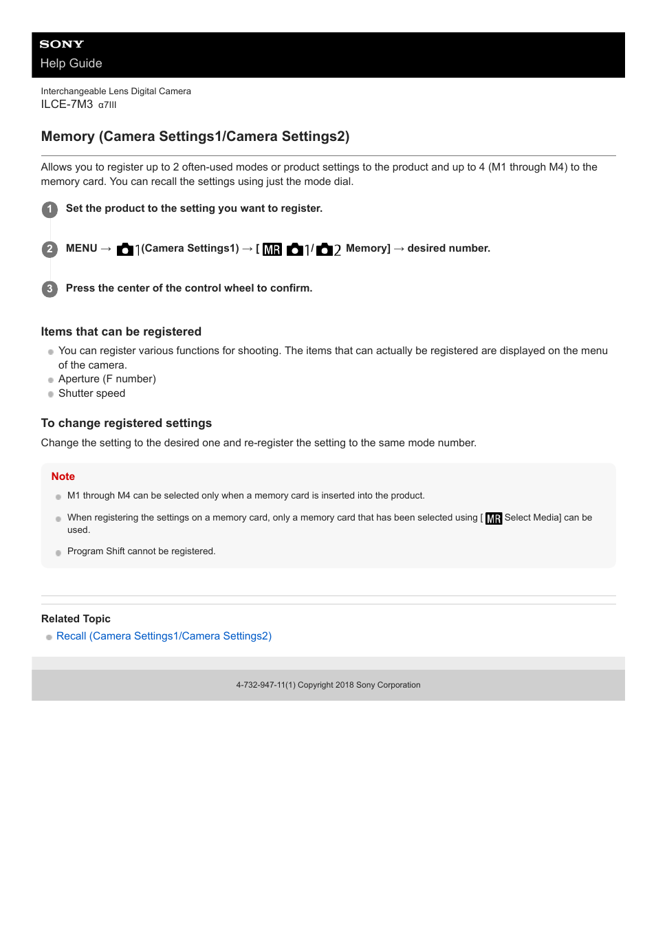 Memory (camera settings1/camera settings2) | Sony a7C Mirrorless Camera (Black) User Manual | Page 272 / 642