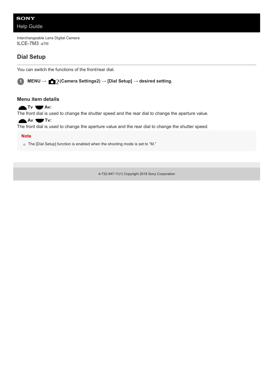 Dial setup | Sony a7C Mirrorless Camera (Black) User Manual | Page 279 / 642