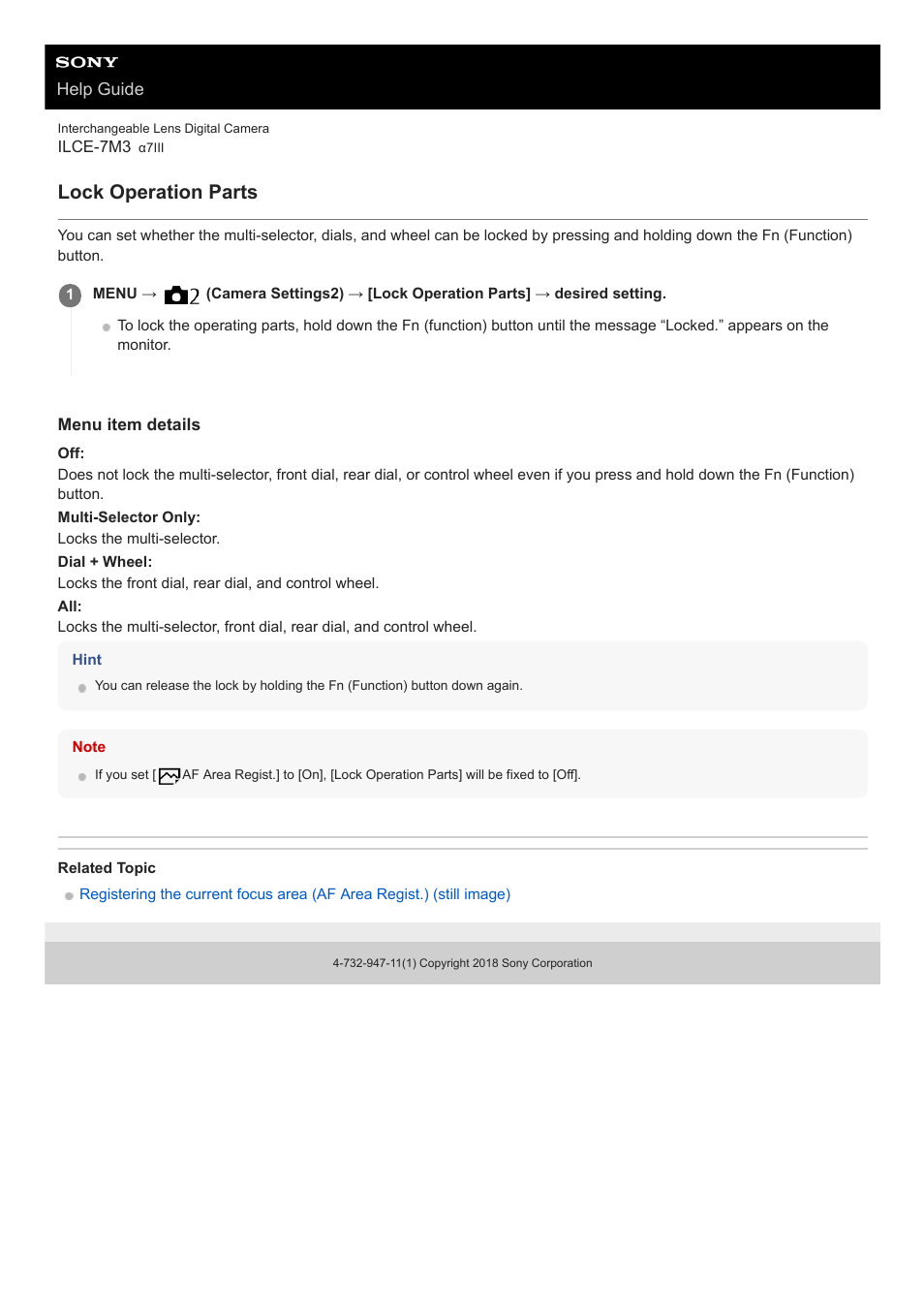 Lock operation parts | Sony a7C Mirrorless Camera (Black) User Manual | Page 281 / 642