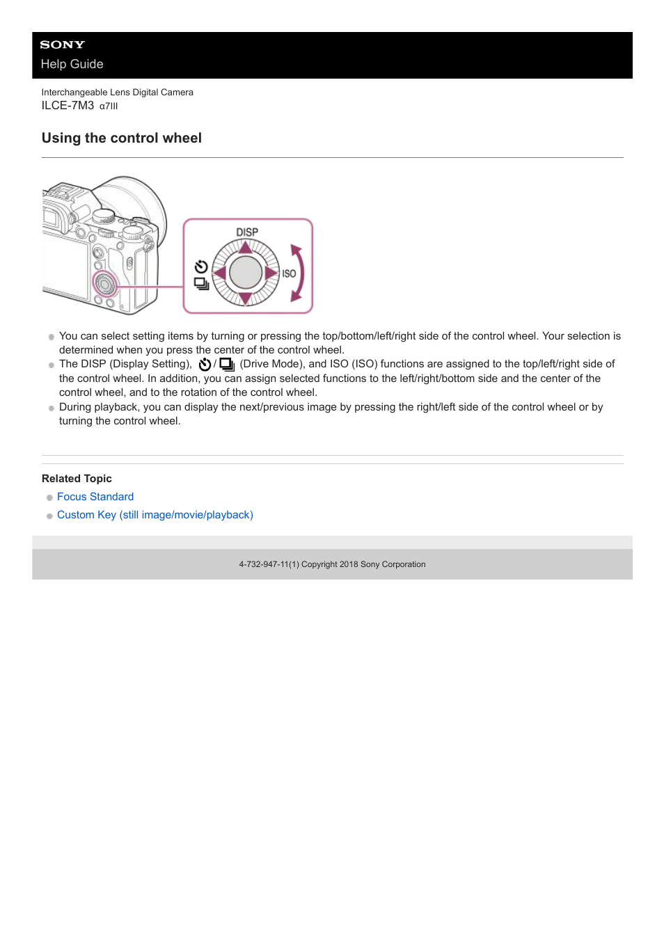 Using the control wheel | Sony a7C Mirrorless Camera (Black) User Manual | Page 29 / 642