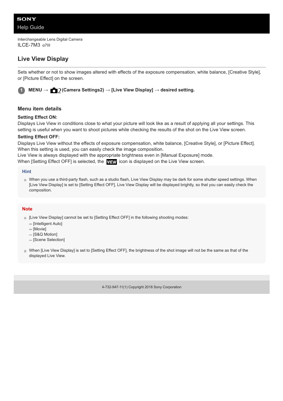 Live view display | Sony a7C Mirrorless Camera (Black) User Manual | Page 290 / 642