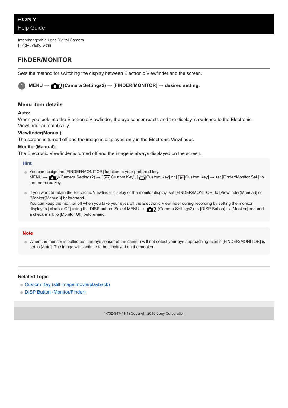 Finder/monitor, Help guide | Sony a7C Mirrorless Camera (Black) User Manual | Page 292 / 642