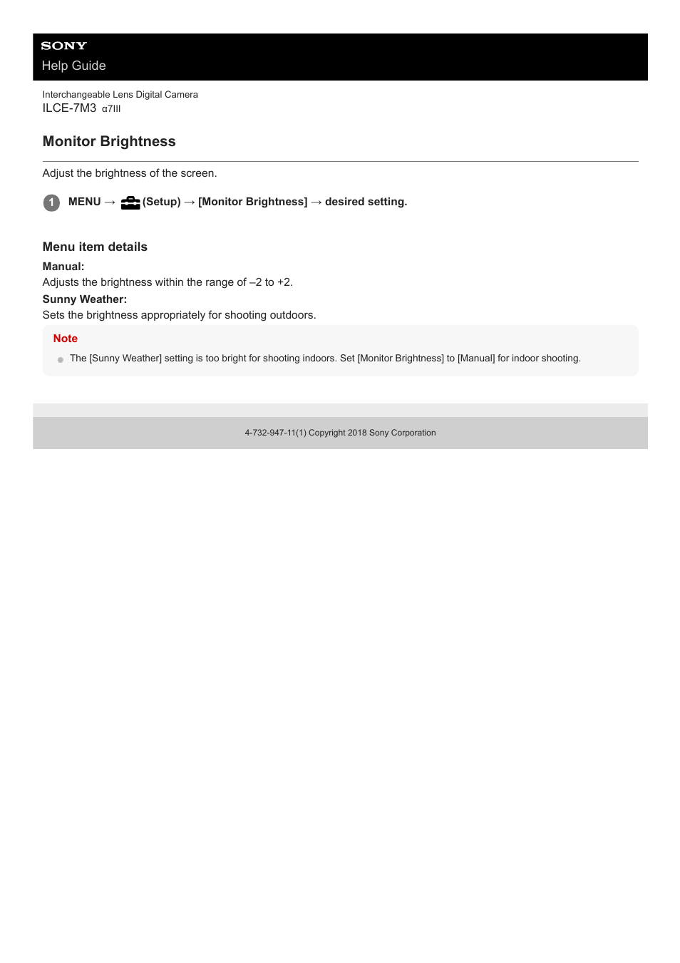 Monitor brightness | Sony a7C Mirrorless Camera (Black) User Manual | Page 293 / 642