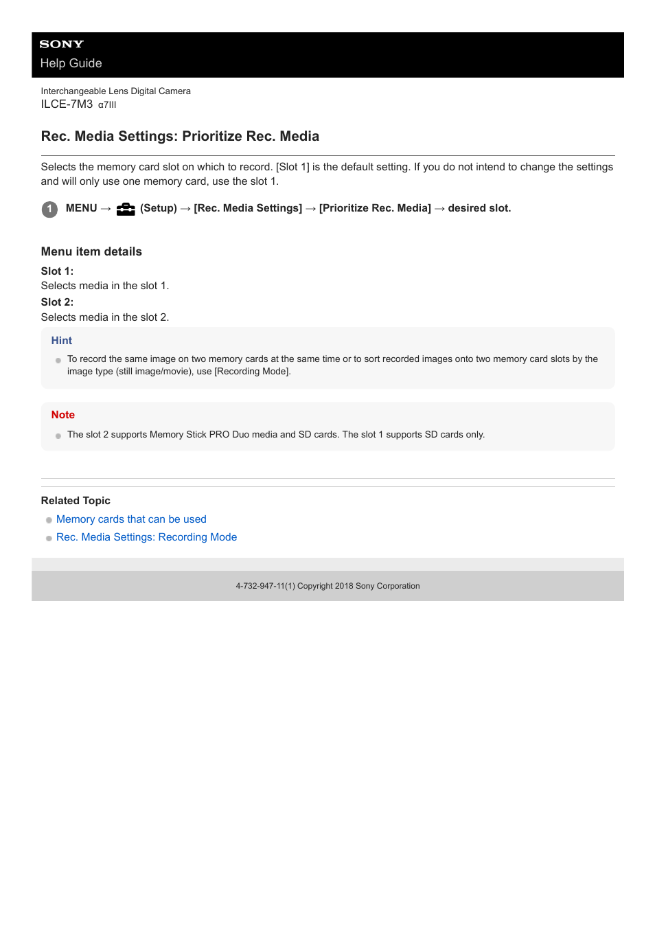 Rec. media settings: prioritize rec. media | Sony a7C Mirrorless Camera (Black) User Manual | Page 302 / 642