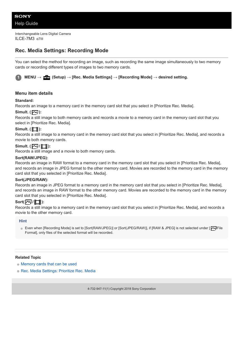 Rec. media settings: recording mode | Sony a7C Mirrorless Camera (Black) User Manual | Page 303 / 642