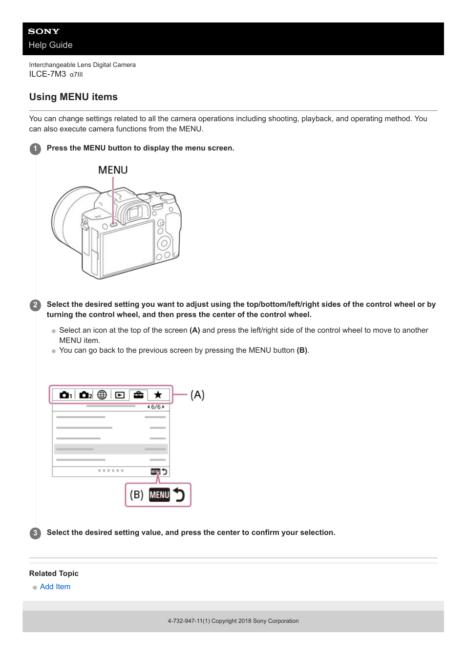 Using menu items | Sony a7C Mirrorless Camera (Black) User Manual | Page 31 / 642