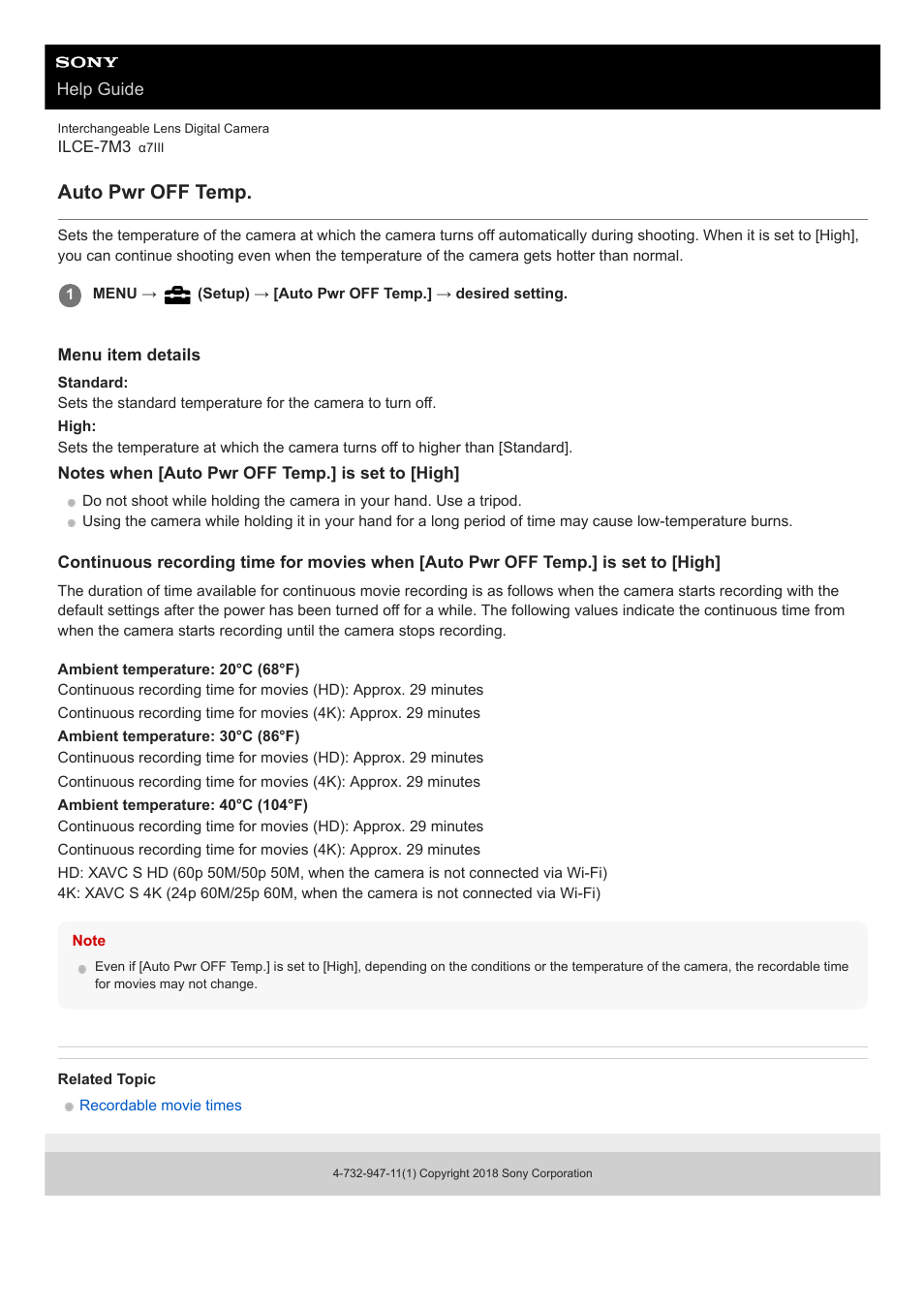 Auto pwr off temp | Sony a7C Mirrorless Camera (Black) User Manual | Page 313 / 642