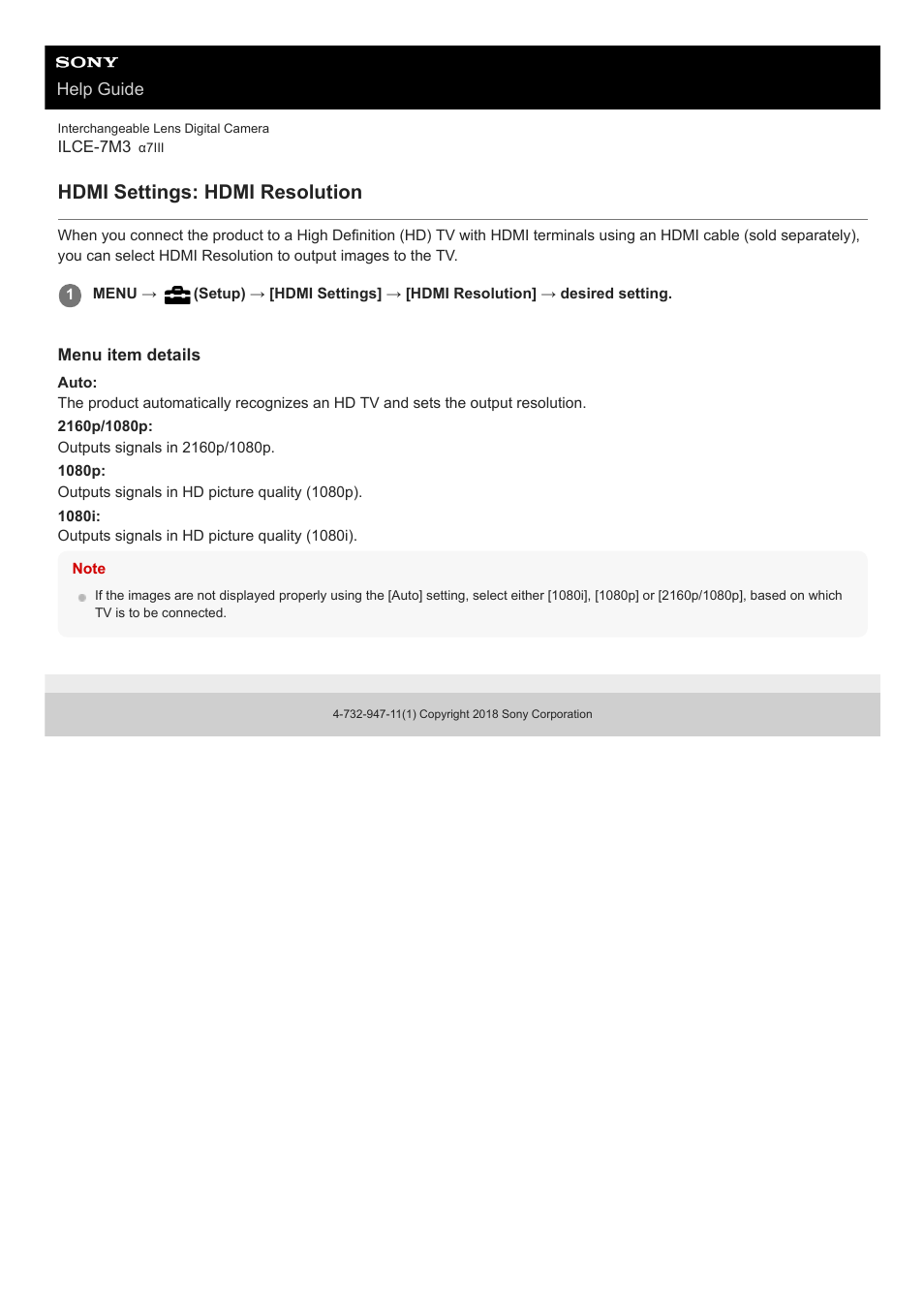 Hdmi settings: hdmi resolution | Sony a7C Mirrorless Camera (Black) User Manual | Page 316 / 642