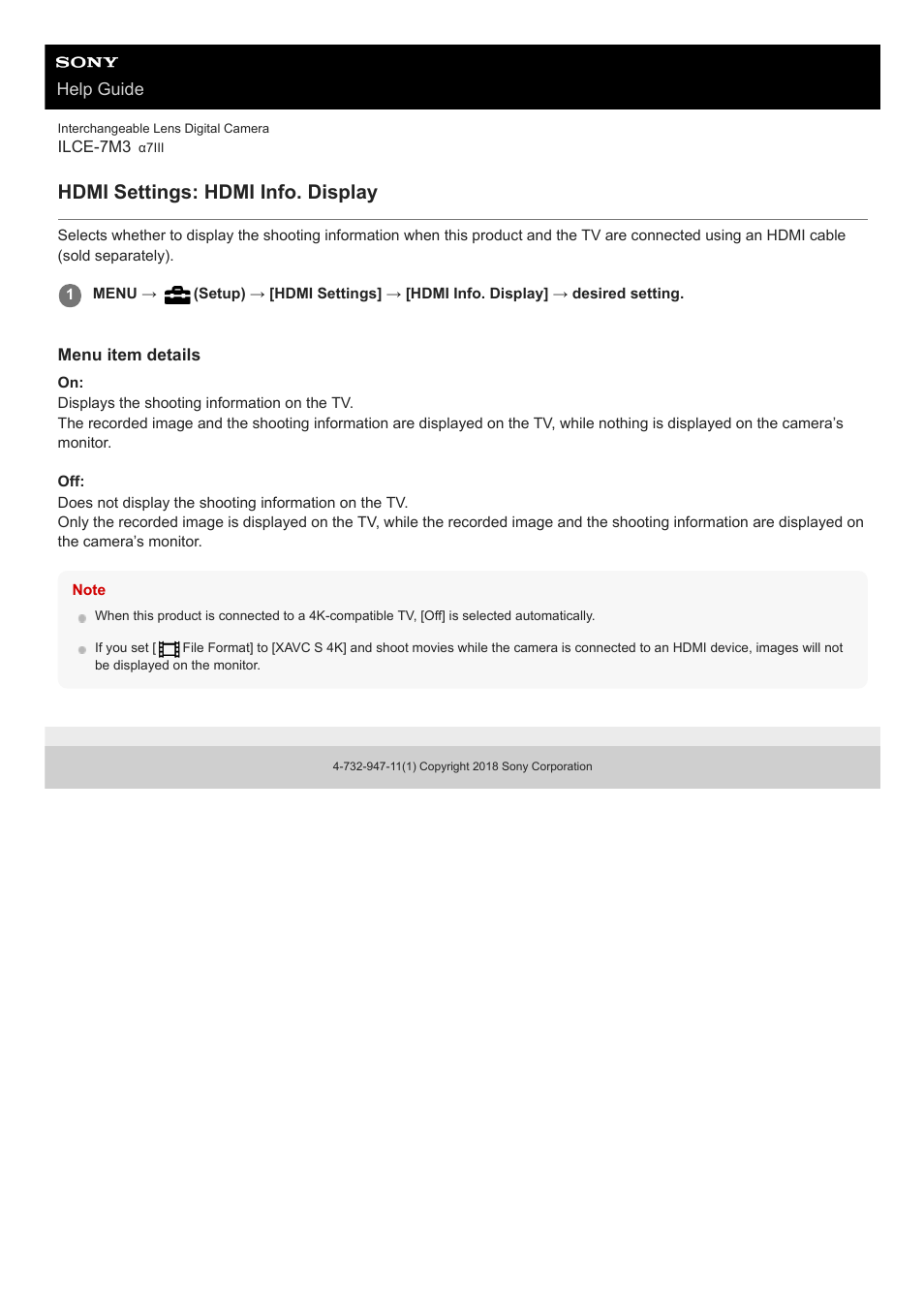 Hdmi settings: hdmi info. display | Sony a7C Mirrorless Camera (Black) User Manual | Page 318 / 642