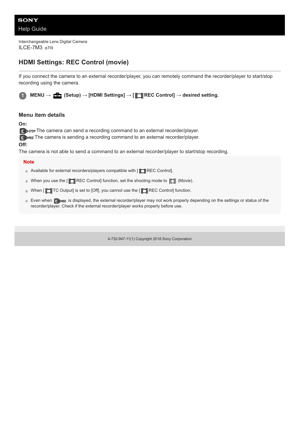 Hdmi settings: rec control (movie), Help guide | Sony a7C Mirrorless Camera (Black) User Manual | Page 320 / 642