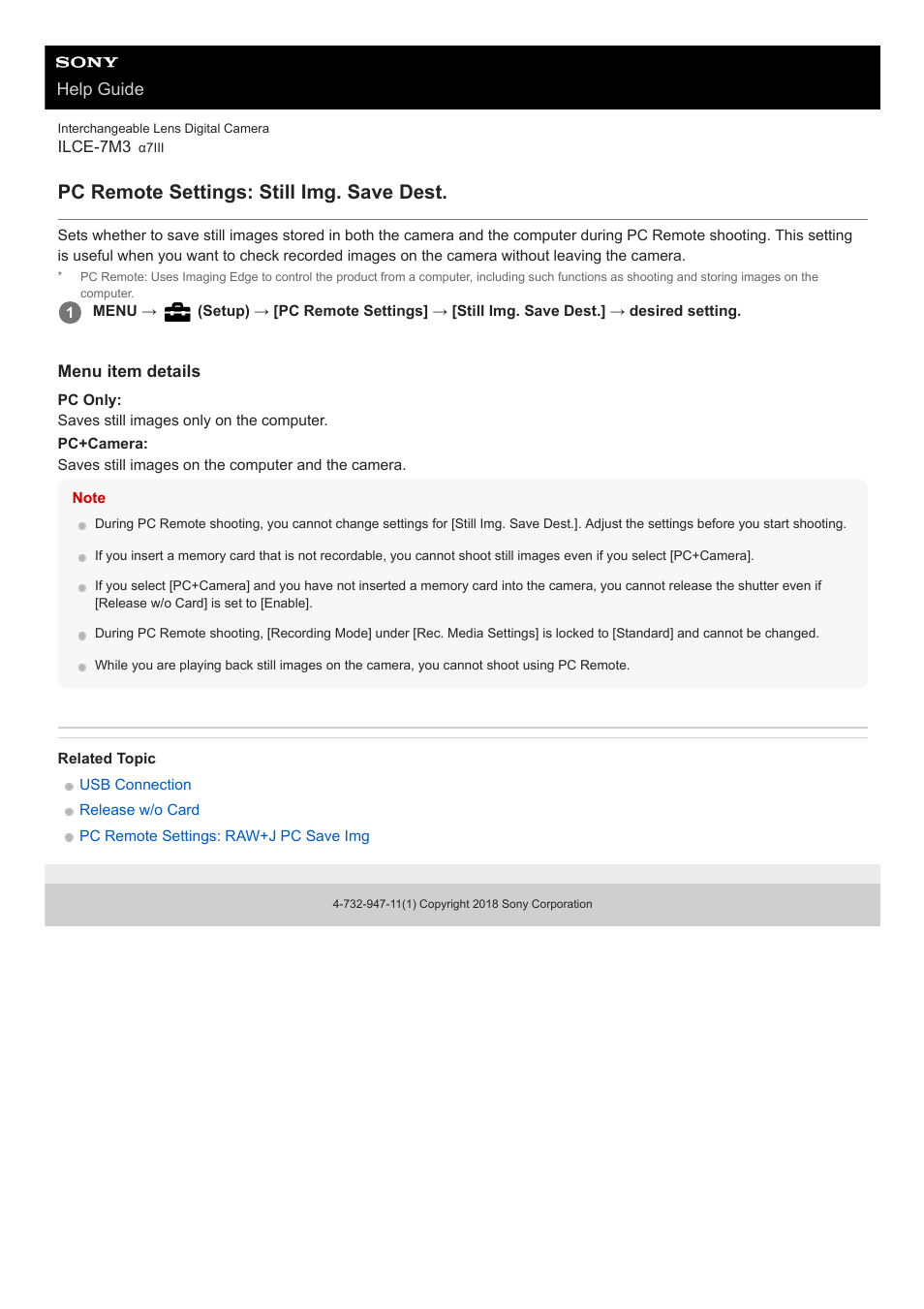 Pc remote settings: still img. save dest, Help guide | Sony a7C Mirrorless Camera (Black) User Manual | Page 325 / 642